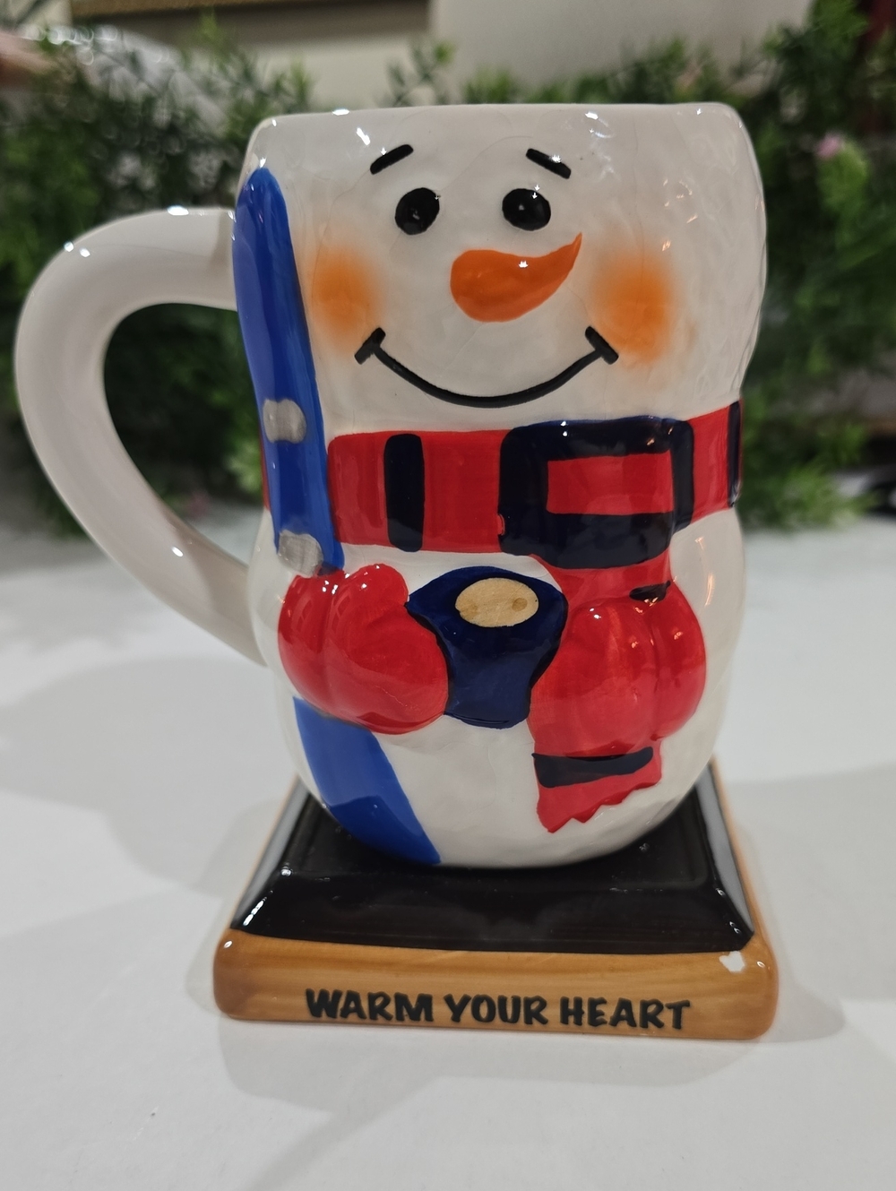 Bay Island White Snowman Mug with Red & Blue Accents Warm Your Heart 5.5" T